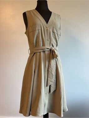DKNY Sleeveless V-Neck Belted Midi Dress in Sage Green